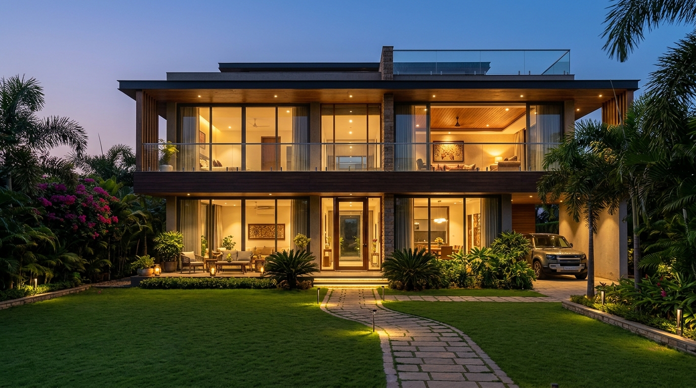 Evening illuminated view of the independent house